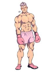  1boy abs biceps blue_eyes boxer boxing_gloves gijinka hlr hlr_art jigglypuff looking_at_viewer male male_only muscles muscular muscular_male pecs pink pink_hair pokemon shirtless_male shorts simple_background smooth_chest smooth_skin solo_male white_background 