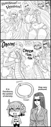  3koma 4girls 5_fingers bb_(baalbuddy) big_breasts black_and_white comedy crossover dialogue english_text fangs fate/grand_order fate_(series) female female_only fujimaru_ritsuka_(female) funny gorgon_(fate) humor kuroko_smith lamia miia_(monster_musume) monster_girl monster_musume_no_iru_nichijou pointy_ears sharp_teeth speech_bubble tagme three_panels very_high_resolution white_background 