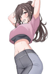  absurdres adjusting_hair arms_behind_head arms_up breasts brown_eyes brown_hair crop_top female grey_leggings hair_tie_in_mouth highres holding holding_own_hair idolmaster idolmaster_shiny_colors large_breasts leggings long_hair looking_at_viewer midriff mouth_hold navel pink_shirt shirt solo sorugi_park tsukioka_kogane tying_hair upper_body 