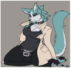  anthro arthraax big_breasts border bottomwear brand_new_animal breasts canid canine canis claws cleavage clothed clothing coat collar female hand_on_breast hi_res kneeling mammal mtf_crossgender pants raised_tail rule_63 shirou_ogami shirt smile solo studio_trigger tail topwear white_border wolf 