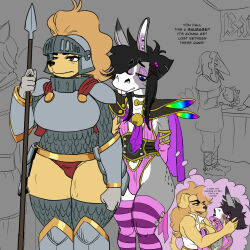  1:1 2024 amelia_steelheart anthro armor armwear asinus avian big_breasts bird bird_dog black_hair black_nose blonde_hair breastplate breasts buckteeth canid canine canis cape choker clothed clothing corvid corvus_(genus) crow dialogue domestic_dog donkey duo_focus ear_piercing elbow_gloves english_text equid equine eyebrows eyelashes eyeshadow fantasizing female femboy fully_clothed gloves golden_retriever greaves group guard hair handwear headgear helmet hi_res holding_melee_weapon holding_object holding_polearm holding_spear holding_weapon hug hunting_dog jewelry legwear long_hair looking_at_butt makeup male mammal medieval medieval_armor medieval_clothing melee_weapon necklace oscine outside panties passerine pauldron piercing pink_eyeshadow pixie_(pixiemuledonkey) pixiemuledonkey polearm public retriever scale_armor smile spear teeth text thick_thighs thigh_highs thought_bubble underwear vambrace weapon 