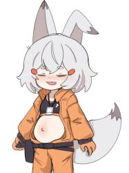  absurdres alternate_costume animal_ears belt belt_pouch big_belly black_gloves blush breasts closed_eyes crossed_bangs double-parted_bangs fatter_than_canon female fox_ears fox_girl fox_tail gloves h@nk hair_ornament hairclip highres multicolored_gloves navel oerba_yun_fang one_ear_down open_mouth orange_gloves orange_overalls orange_trim outie_navel overalls parallel_hairclips phase_connect pouch short_hair simple_background small_breasts solo sports_bra tail tenma_maemi thick_eyebrows two-sided_gloves virtual_youtuber white_background white_hair white_tail 