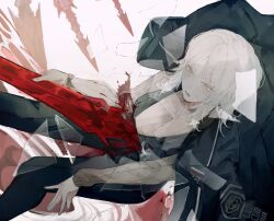  black_coat black_pants bleeding blood blood_splatter blue_eyes breasts broken_glass coat coat_on_shoulders commentary english_commentary falling faust_(project_moon) female glass glass_shards hand_on_weapon highres impaled large_breasts limbus_company long_sleeves medium_hair open_mouth pants parted_bangs polearm project_moon simple_background solo spear sweat sweater turtleneck turtleneck_sweater tuumatae vest weapon white_background white_hair 