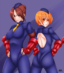  armband bare_back blonde_hair blush boots brown_hair capcom elbow_gloves erect_nipples fingerless_gloves garrison_cap girls gloves hands_on_hips hat juni leotard looking_back necktie oshiri pantyhose shadaloo_dolls short_hair shoulder_pads skin_tight spandex street_fighter street_fighter_zero_3 street_fighter_zero_iii tagme turtleneck unitard 