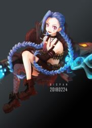  arm_tattoo blue_hair blush boots braid bullets female jinx_(league_of_legends) league_of_legends single_thighhighs tattoo twin_braids very_long_hair weapons 