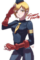  armband blonde_hair brown_hair capcom elbow_gloves erect_nipples fingerless_gloves garrison_cap gloves juli juni leotard necktie oshiri pantyhose salute shadaloo_dolls short_hair shoulder_pads skin_tight spandex street_fighter street_fighter_zero_3 street_fighter_zero_iii tagme turtleneck unitard 