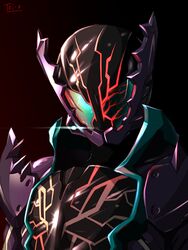  1boy aqua_eyes armor artist_name black_background commentary_request crocodile crocodile_fullbottle crocodilian diffraction_spikes full_armor glowing gradient_background helmet highres kamen_rider kamen_rider_build_(series) kamen_rider_rogue male_focus pauldrons red_background shoulder_armor solo tei-o tokusatsu upper_body 