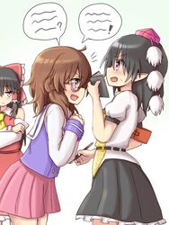  ! 3girls :d ? ahoge alternate_costume ascot black_hair blush bow brown_hair commentary crossed_arms d: dadamori detached_sleeves glasses hair_tubes hairbow hakurei_reimu hat large_bow messy_hair miniskirt multiple_girls notebook official_alternate_costume open_mouth pen pointy_ears puffy_short_sleeves puffy_sleeves purple_eyes school_uniform semi-rimless_eyewear serafuku shameimaru_aya short_sleeves skirt smile smug spoken_exclamation_mark spoken_question_mark tokin_hat touhou usami_sumireko v-shaped_eyebrows 