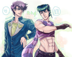  2boys abs blue_eyes blue_hair commentary_request cosplay costume_switch crop_top diamond_wa_kudakenai father_and_son fingerless_gloves gakuran gloves heart higashikata_josuke higashikata_josuke_(cosplay) jojo_no_kimyou_na_bouken joseph_joestar joseph_joestar_(young) joseph_joestar_(young)_(cosplay) male_focus midriff multiple_boys narutan pompadour purple_hair scarf school_uniform spoken_heart time_paradox 