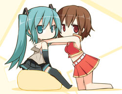  2girls aqua_eyes aqua_hair belt brown_hair commentary_request crop_top detached_sleeves hatsune_miku kneeling ladfa long_hair meiko_(vocaloid) midriff multiple_girls red_eyes short_hair sitting skirt thighhighs vocaloid 