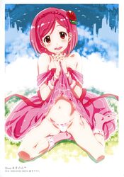  :d absurdres bare_legs blush camisole female flower hair_flower hair_ornament head_tilt headband highres k-books looking_at_viewer makinon_tm official_art open_mouth own_hands_clasped own_hands_together panties pink_hair pink_panties red_eyes ribbon rose short_hair side-tie_panties sitting smile socks solo spread_legs underwear yokozuwari 