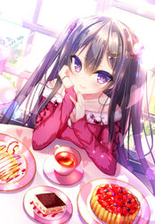  bad_id bad_pixiv_id black_hair blush closed_mouth commentary_request cup female food fruit_tart hair_between_eyes hair_ornament hairclip heart indoors long_hair long_sleeves looking_at_viewer nae-nae original pancake plate purple_eyes smile solo spaghetti_strap strawberry_syrup strawberry_tart table tart_(food) tea teacup tiramisu two_side_up upper_body 