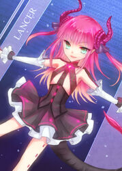  blue_eyes circle_skirt commentary_request detached_sleeves dress elizabeth_bathory_(fate) elizabeth_bathory_(fate/extra_ccc) elizabeth_bathory_(first_ascension)_(fate) fate/extra fate/extra_ccc fate_(series) female horns long_hair pink_hair pointy_ears snow-noise solo tail two_side_up 