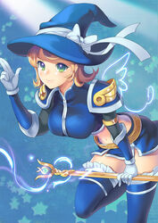  blonde_hair blue_thighhighs boots breasts commentary_request crop_top dakun female gloves hat large_breasts league_of_legends lux_(league_of_legends) midriff photoshop_(medium) skirt solo sorceress_lux staff thigh_boots thighhighs witch_hat 