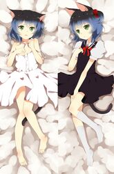  1boy animal_ears barefoot black_hair blue_hair cat_ears cat_tail crossdressing dakimakura_(medium) dress gradient_hair green_eyes hair_bobbles hair_ornament highres kiki_(tsunya) lying multicolored_hair multiple_views otoko_no_ko ryoune_yami school_uniform serafuku short_hair skirt socks tail utau 