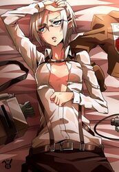  arai_nobu arm_up belt blue_eyes blush commentary_request emblem female garrison_regiment_(emblem) glasses lying no_bra open_clothes open_mouth paradis_military_uniform rico_brzenska shingeki_no_kyojin shiny_skin shirt short_hair solo sweat three-dimensional_maneuver_gear white_shirt 