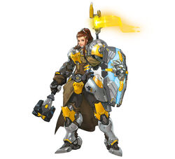  armor arnold_tsang bad_link brigitte_(overwatch) brown_hair female full_armor full_body glowing highres looking_at_viewer mace official_art overwatch overwatch_1 shield simple_background smile solo weapon white_background 