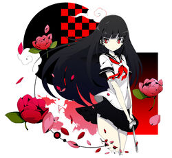  bad_link black_hair black_skirt blood blood_splatter blunt_bangs cloud female flower hime_cut kijimoto_yuuhi kureha_(sound_voltex) long_hair pale_skin petals pleated_skirt protected_link red_eyes ribbon school_uniform serafuku skirt solo sound_voltex standing sword weapon 