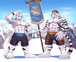  2017 abs anthro better_version_at_source biceps big_muscles canid canine canis clothed clothing digital_media_(artwork) felid fur male mammal muscular muscular_male odin_(disambiguation) pantherine pecs soonico tattoo tiger topless wolf 