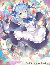  :d ange_vierge animal_ears apron black_footwear black_gloves blue_bow blue_eyes blue_hair blush bow card cat_ears cat_tail chains company_name copyright_name detached_sleeves flower full_body gloves hairbow long_hair maid official_art omega_47_toto open_mouth playing_card rose shamonor smile tail watch white_legwear wide_sleeves 