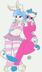  anthro bottomwear bulge clothing cremacat duo felid femboy hi_res jaguar jekyll_pulsar lagomorph latex legwear leporid male mammal pantherine rabbit simple_background skirt thigh_highs white_background 