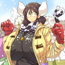  1:1 accessory animal_humanoid animal_print bag bell big_breasts blush bovid bovid_humanoid bovine bovine_humanoid breasts brown_hair cattle_humanoid clothed clothing cow_print female gloves hair hair_accessory hair_ribbon handwear hataraki_ari holding_object horn horned_humanoid huge_breasts humanoid jacket mammal mammal_humanoid nipple_outline open_mouth ribbons scarf shirt short_hair snow solo sukimi_(hataraki) topwear yellow_eyes 