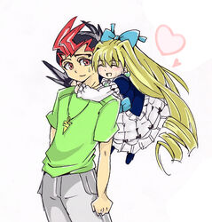  1boy blonde_hair doll dress duel_monster female heart jewelry long_hair princess_cologne red_eyes ribbon tsukumo_yuma tsukumo_yuuma yu-gi-oh! yuu-gi-ou_zexal 