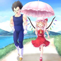  1boy ascot back_bow black_eyes black_hair blonde_hair blush bodysuit boots bow closed_eyes collared_shirt commentary_request crossover crystal dragon_ball dragon_ball_z female flandre_scarlet frilled_shirt_collar frilled_skirt frilled_sleeves frilled_umbrella frills full_body gloves grass hair_ribbon happy hat hat_ribbon holding holding_umbrella image_sample komimiyako mary_janes mountain multicolored_wings muscular nicoseiga_sample ocean open_mouth outdoors pink_umbrella puffy_short_sleeves puffy_sleeves red_footwear red_ribbon red_skirt red_vest ribbon shirt shoes short_hair short_sleeves side_ponytail skirt skirt_set smile socks spandex spiked_hair teeth touhou umbrella vegeta vest walking white_bow white_headwear white_shirt white_socks wings yellow_ascot 