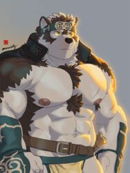  1boy abs ainu_clothes animal_ears bara bare_pectorals bulge chest_tuft collaboration cowboy_shot furry furry_male gakuran grey_fur grey_hair headband horkeu_kamui light_frown looking_ahead male_focus mixvariety muscular muscular_male navel nipples pectorals pelvic_curtain rossciaco school_uniform serious solo stomach strongman_waist sunlight thick_eyebrows tokyo_afterschool_summoners two-tone_fur vambraces wolf_boy wolf_ears yellow_eyes 