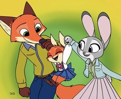  2017 anthro barefoot bottomwear bow_tie buckteeth canid canine closed_eyes clothed clothing dipstick_ears disney ear_markings family feet female fox fur green_eyes group holding_character hybrid inner_ear_fluff jacket judy_hopps lagomorph leg_markings leporid male mammal markings multicolored_ears nick_wilde open_mouth open_smile pants parent_(lore) purple_eyes rabbit shirt simple_background skelly_doll skirt smile socks_(marking) teeth topwear tuft violet_(zootopia) young zootopia 