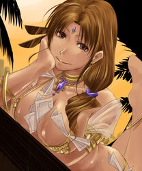  anklet armlet bikini bindi breasts brown_eyes brown_hair choker dancer dancer_(ragnarok_online) dark-skinned_female dark_skin female jewelry looking_at_viewer medium_breasts money mr.romance palm_tree ragnarok_online reclining resting solo sweat swimsuit tree tucked_money 