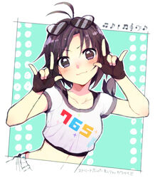  :3 \m/ antenna_hair bad_id bad_pixiv_id bass_clef beamed_eighth_notes beamed_sixteenth_notes black_eyes black_hair clothes_writing crop_top double_\m/ eighth_note eyewear_on_head female fingerless_gloves gloves heart heart-shaped_eyewear idolmaster idolmaster_(classic) kikuchi_makoto midriff musical_note photoshop_(medium) quarter_note short_hair smile solo street_hopper_(idolmaster) sunglasses treble_clef v-shaped_eyebrows yuurinmoku 