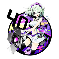  405nm ;d aqua_hair beatmania_iidx black_thighhighs breasts cable character_name female glint headphones kijimoto_yuuhi medium_breasts midriff miniskirt navel one_eye_closed open_mouth protected_link purple_eyes short_hair skirt smile solo spotlight standing star_(symbol) thighhighs v-shaped_eyebrows wristband 