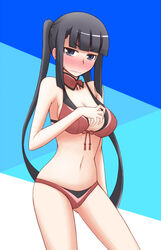  bikini black_eyes black_hair blush breasts commentary_request female long_hair medium_breasts okota1869 solo summon_night summon_night_5 swimsuit twintails yeng-hua 