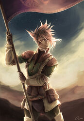  animal_ears brown_eyes cat_ears cat_tail closed_mouth commentary english_commentary facial_mark female final_fantasy final_fantasy_xiv flag gloves highres holding holding_flag m&#039;naago miqo&#039;te onyrica outdoors photoshop_(medium) pink_hair short_hair signature solo standing tail uniform wind 