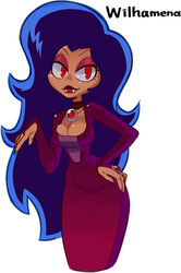  blue_hair breasts bridal_gauntlets character_name chi-iz cleavage dark_skin dress eyeshadow fangs large_breasts lips lipstick long_hair looking_at_viewer makeup ok_k.o.!_let&#039;s_be_heroes red_eyes vampire very_long_hair wilhamena 