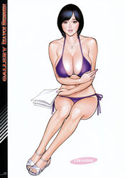  action_pizazz artbook bikini black_hair blush breast_hold breasts brown_eyes character_name cleavage collarbone female full_body halterneck highres holding holding_paper izayoi_seishin jewelry large_breasts lips looking_at_viewer mature_female navel necklace newscaster_christina original page_number paper parted_lips photoshop_(medium) purple_bikini sandals short_hair side-tie_bikini_bottom simple_background solo swimsuit white_background white_footwear 