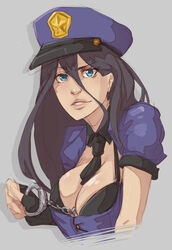  bankage between_breasts blue_eyes breasts caitlyn_(league_of_legends) cleavage cuffs female handcuffs hat large_breasts league_of_legends lips long_hair officer_caitlyn police police_uniform policewoman solo uniform upper_body 