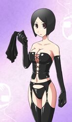  arai_chie black_hair bondage bondage_clothes breasts brown_eyes corset elbow_gloves garter_belt gloves large_breasts leather oppai pantsu sayonara_zetsubou_sensei short_hair thighhighs whip 