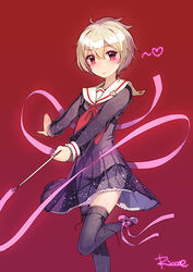  bad_id bad_pixiv_id black_bra black_panties blonde_hair bra female fingernails gymnastics hair_ornament hairclip original panties photoshop_(medium) red_eyes rhythmic_gymnastics ribbon ribbon_baton riccae school_uniform see-through serafuku short_hair smile solo thighhighs underwear 