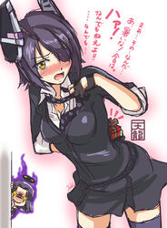  +_+ 2girls aura blush breasts cleavage commentary_request eyepatch hair_intakes halo headgear ivuki kantai_collection looking_at_viewer mechanical_halo medium_breasts multiple_girls necktie purple_hair skirt tatsuta_(kancolle) tenryuu_(kancolle) translated valentine 