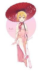  :d blonde_hair blush boots brown_eyes bun_cover character_name china_dress chinese_clothes commentary_request double_bun dress ekita_kuro female flower full_body gloves hair_bun highres holding holding_umbrella invisible_chair katekyo_hitman_reborn! oil-paper_umbrella open_mouth pink_gloves red_flower red_rose rose sasagawa_kyouko short_hair sitting smile solo thigh_boots thighhighs twitter_username umbrella white_footwear 