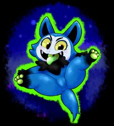  2017 anthro blue_body blue_fur blush canid canine eerie_(telemonster) featureless_crotch fur hi_res male mammal missdetrop mythological_canine mythological_creature mythology pawpads simple_background solo telemonster tongue tongue_out were werecanid werecanine werewolf yellow_sclera 