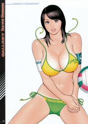  action_pizazz ball bare_shoulders bikini black_hair breasts brown_eyes cleavage female green_bikini highres izayoi_seishin large_breasts lips looking_at_viewer navel open_mouth photoshop_(medium) short_hair solo swimsuit tan tanlines text_focus volleyball volleyball_(object) wardrobe_malfunction 