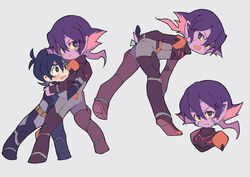  1boy bent_over black_hair bodysuit colored_sclera colored_skin commentary_request facial_mark female grey_eyes hug keith_(voltron) krolia miyata_(lhr) mother_and_son multicolored_hair open_mouth pink_hair pointy_ears purple_eyes purple_hair purple_skin spoilers two-tone_hair voltron:_legendary_defender voltron_(series) yellow_sclera 