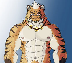  2017 abs anthro biceps big_muscles countershading digital_media_(artwork) eurobeat felid lin_hu male mammal muscular muscular_anthro muscular_male nekojishi nipples nude pantherine pecs pubes solo studio_klondike tiger 