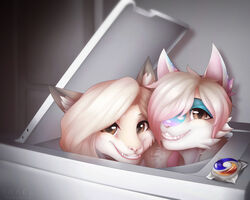  5:4 ambiguous_gender anthro appliance blonde_hair canid canine clothing crynevermore domestic_cat duo felid feline felis fluffy fox hair hi_res humor hybrid inside lagomorph laundry_machine leporid mammal meme rabbit skye_(skyebubblez242) smile spots stripes teeth tide_(brand) tide_pod washing_machine watermark 