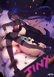  blue_hair boots braid bullet bullets character_name female female highres jinx_(league_of_legends) league_of_legends long_hair looking_at_viewer pink_eyes solo twin_braids weapon y_(wuhanyxt) 