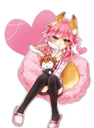  animal_ears casual character_doll commentary_request fate/extra fate_(series) female fox_ears fox_tail hood hoodie kishinami_hakuno_(male) official_alternate_costume pink_hair slippers snow-noise solo stuffed_animal stuffed_rabbit stuffed_toy tail tamamo_(fate) tamamo_no_mae_(fate/extra) tamamo_no_mae_(spring_casual)_(fate) thighhighs twintails 