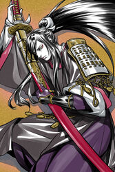  1boy armor bad_id bad_pixiv_id black_hair closed_mouth colored_skin commentary_request facepaint holding holding_sword holding_weapon japanese_armor japanese_clothes kagelow long_hair looking_at_viewer male_focus ootachi ponytail sheath sheathed shoulder_armor sode solo sword tarou_tachi touken_ranbu weapon white_skin 